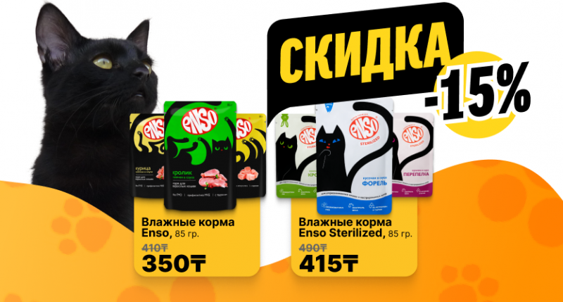 Скидка 15% на влажные корма для кошек Enso