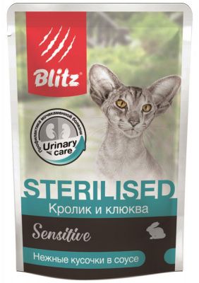 Влажный корм Blitz Sterilised для стерилизованных и кастрированных кошек кролик с клюквой кусочки в соусе - 85 гр в Алматы и в Казахстане за 550 ₸