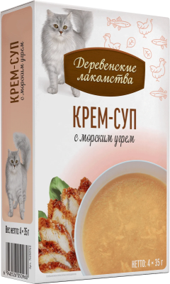 Лакомство крем-суп «Крем-суп с морским угрём», Деревенские Лакомства, для кошек, с курицей, 35 г, 4 шт в Алматы и в Казахстане за 2 410 ₸