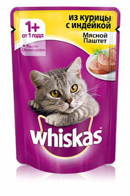 Влажный корм для взрослых кошек, паштет из курицы с индейкой, Whiskas - 75 гр в Алматы и в Казахстане за 250 ₸