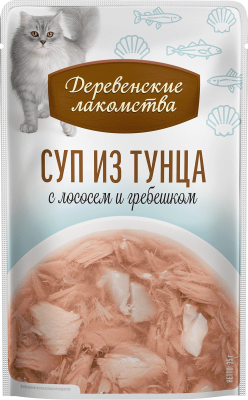 Лакомство суп «Суп из тунца с лососем и гребешком», Деревенские Лакомства, для кошек, тунец/лосось/гребешок, 35 г, 4 шт в Алматы и в Казахстане за 2 410 ₸