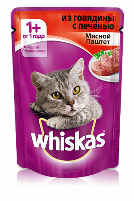 Влажный корм для взрослых кошек, паштет из говядины с печенью, Whiskas - 75 гр в Алматы и в Казахстане за 250 ₸
