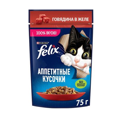 Влажный корм Felix Аппетитные кусочки для кошек говядина в желе - 75 гр в Алматы и в Казахстане за 250 ₸