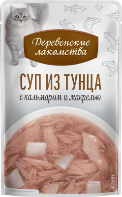 Лакомство суп «Суп из тунца с кальмаром и макрелью», Деревенские Лакомства, для кошек, тунец/кальмар/макрель, 35 г, 4 шт в Алматы и в Казахстане за 2 410 ₸